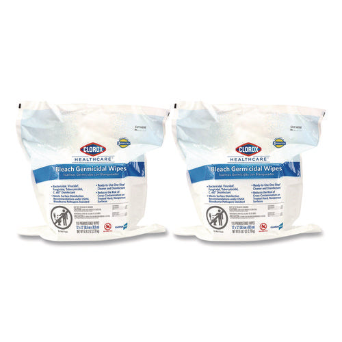Image of Clorox Healthcare® Bleach Germicidal Wipes, 1-Ply, 12 x 12, Unscented, White, 110/Refill, 2 Refills/Carton