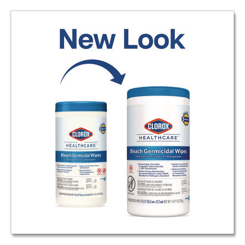 Image of Clorox Healthcare® Bleach Germicidal Wipes, 1-Ply, 6 x 5, Unscented, White, 150/Canister