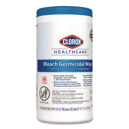 Image of Clorox Healthcare® Bleach Germicidal Wipes, 1-Ply, 6 x 5, Unscented, White, 150/Canister