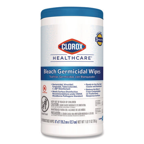 Image of Clorox Healthcare® Bleach Germicidal Wipes, 1-Ply, 6 x 5, Unscented, White, 150/Canister