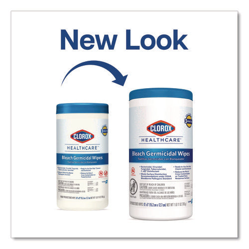 Image of Clorox Healthcare® Bleach Germicidal Wipes, 1-Ply, 6 x 5, Unscented, White, 150/Canister, 6 Canisters/Carton