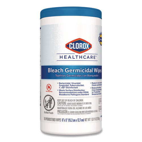 Image of Clorox Healthcare® Bleach Germicidal Wipes, 1-Ply, 6 x 5, Unscented, White, 150/Canister, 6 Canisters/Carton