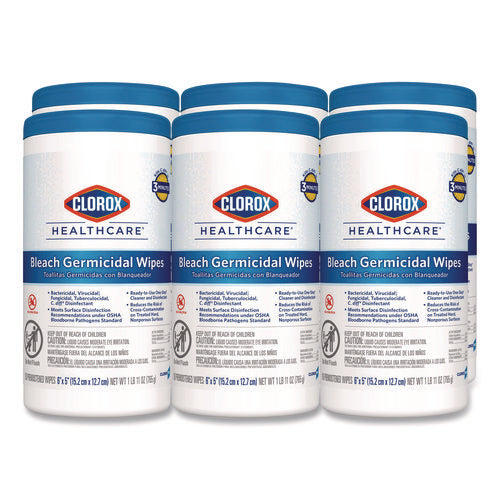 Image of Clorox Healthcare® Bleach Germicidal Wipes, 1-Ply, 6 x 5, Unscented, White, 150/Canister, 6 Canisters/Carton