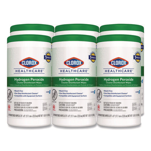 Image of Clorox Healthcare® Hydrogen Peroxide Cleaner Disinfectant Wipes, 9 x 6.75, Unscented, White, 95/Canister, 6 Canisters/Carton