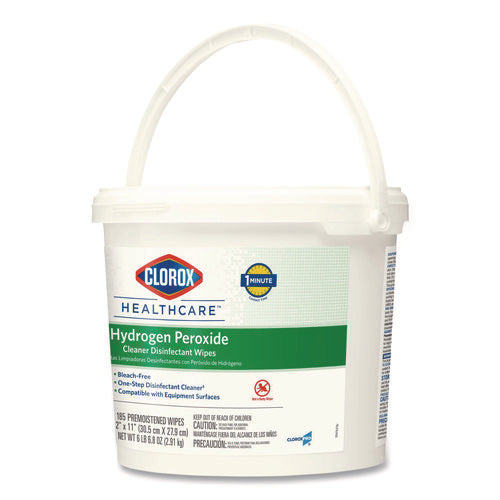 Image of Clorox Healthcare® Hydrogen Peroxide Cleaner Disinfectant Wipes, 12 x 11, Unscented, White, 185/Bucket, 2 Buckets/Carton