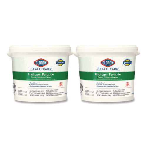 Image of Clorox Healthcare® Hydrogen Peroxide Cleaner Disinfectant Wipes, 12 x 11, Unscented, White, 185/Bucket, 2 Buckets/Carton