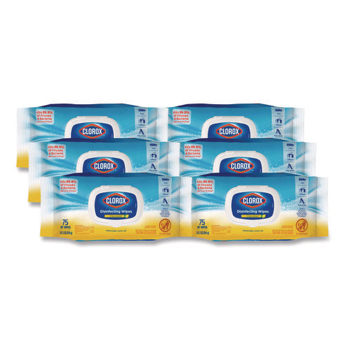 Image of Clorox® Disinfecting Wipes, Easy Pull Pack, 1-Ply, 8 x 7, Lemon Scent, White, 75 Towels/Box, 6 Boxes/Carton