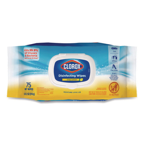 Image of Clorox® Disinfecting Cleaning Wipes, Flex Pack, 1-Ply, 8 x 7, Lemon Scent, White, 75 Towels/Box