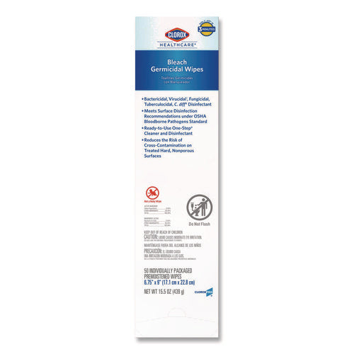 Image of Clorox Healthcare® Bleach Germicidal Wipes, Individual Wipes, 1-Ply, 6.75 x 9, Unscented, White, 50/Box, 6 Boxes/Carton