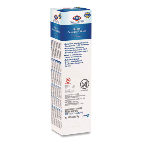 Image of Clorox Healthcare® Bleach Germicidal Wipes, Individual Wipes, 1-Ply, 6.75 x 9, Unscented, White, 50/Box, 6 Boxes/Carton