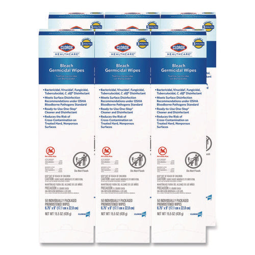 Image of Clorox Healthcare® Bleach Germicidal Wipes, Individual Wipes, 1-Ply, 6.75 x 9, Unscented, White, 50/Box, 6 Boxes/Carton