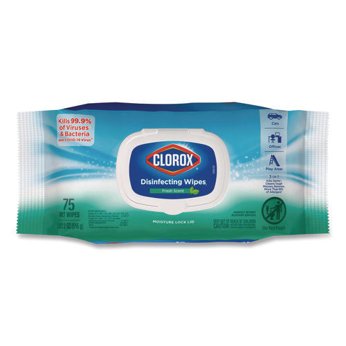 Image of Clorox® Disinfecting Cleaning Wipes, Flex Pack, 1-Ply, 8 x 7, Fresh Scent, White, 75 Towels/Box