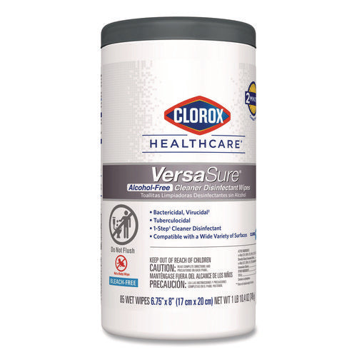 Image of Clorox Healthcare® VersaSure Cleaner Disinfectant Wipes, 1-Ply, 6.75 x 8, Fragranced, White, 85/Canister, 6 Canisters/Carton
