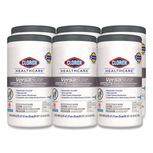 Image of Clorox Healthcare® VersaSure Cleaner Disinfectant Wipes, 1-Ply, 6.75 x 8, Fragranced, White, 85/Canister, 6 Canisters/Carton
