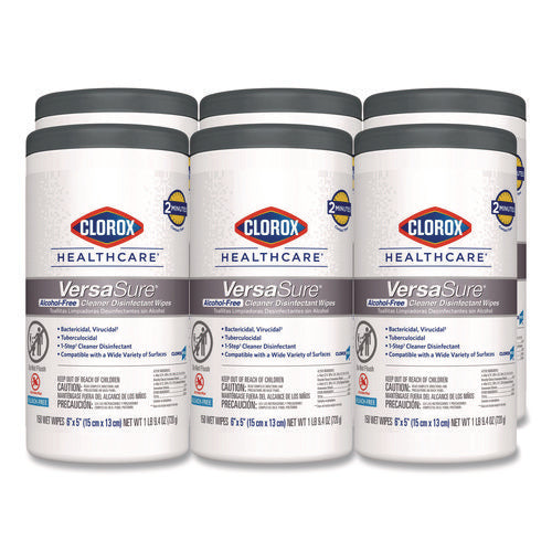 Image of Clorox Healthcare® VersaSure Cleaner Disinfectant Wipes, 1-Ply, 6 x 5, Fragranced, White, 150/Canister, 6 Canisters/Carton