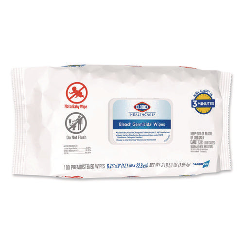 Image of Clorox Healthcare® Bleach Germicidal Wipes, Disinfectant Wipes, 1-Ply, 6.75 x 9, Unscented, White, 100 Wipes/Flex-Pack, 6 Flex-Packs/Carton