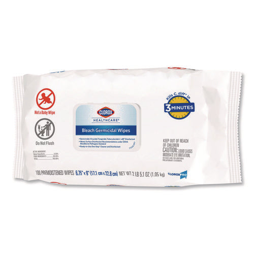 Image of Clorox Healthcare® Bleach Germicidal Wipes, Disinfectant Wipes, 1-Ply, 6.75 x 9, Unscented, White, 100 Wipes/Flex-Pack, 6 Flex-Packs/Carton