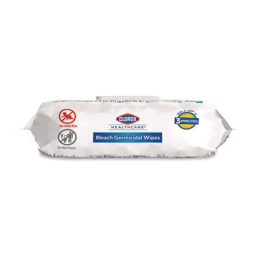 Image of Clorox Healthcare® Bleach Germicidal Wipes, Disinfectant Wipes, 1-Ply, 6.75 x 9, Unscented, White, 100 Wipes/Flex-Pack, 6 Flex-Packs/Carton