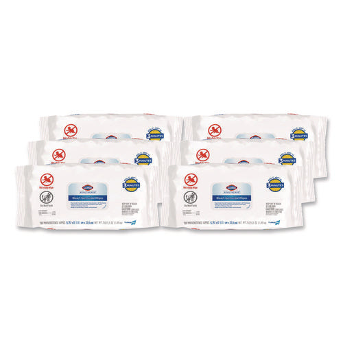 Image of Clorox Healthcare® Bleach Germicidal Wipes, Disinfectant Wipes, 1-Ply, 6.75 x 9, Unscented, White, 100 Wipes/Flex-Pack, 6 Flex-Packs/Carton