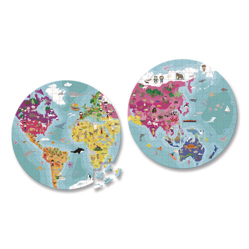 Image of Janod® Cardboard Puzzle, Round Double-Sided Blue Planet Suitcase, 208 Pieces, Ages 7 Years and Up