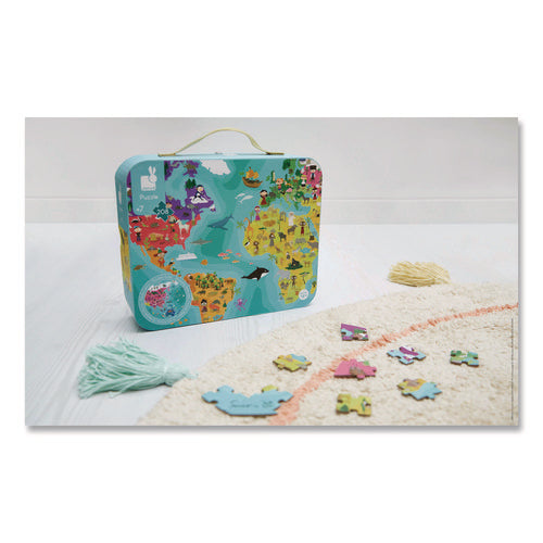 Image of Janod® Cardboard Puzzle, Round Double-Sided Blue Planet Suitcase, 208 Pieces, Ages 7 Years and Up