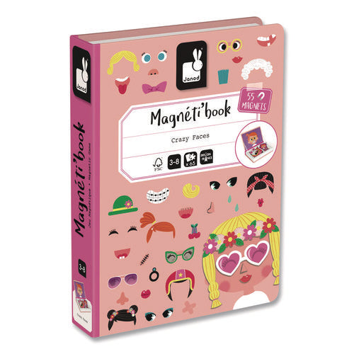 Image of Janod® Magneti'books, Girl's Crazy Faces, 65 Pieces (10 Cards, 55 Magnetic Shapes), Ages 3 to 8