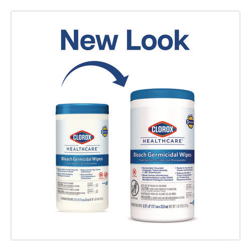 Image of Clorox Healthcare® Bleach Germicidal Wipes, 1-Ply, 6.75 x 9, Unscented, White, 70/Canister
