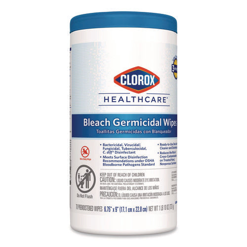 Image of Clorox Healthcare® Bleach Germicidal Wipes, 1-Ply, 6.75 x 9, Unscented, White, 70/Canister