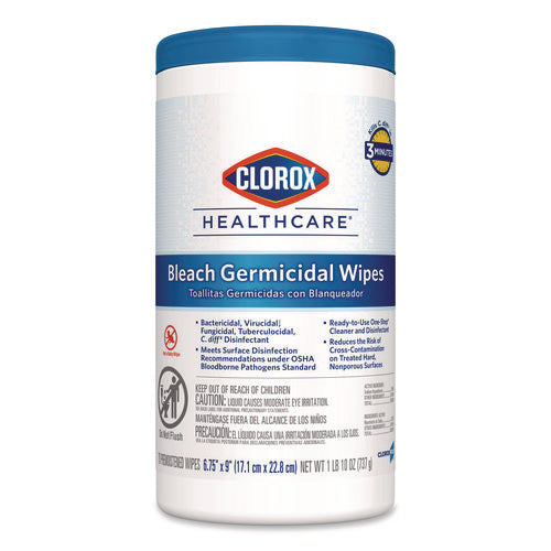 Image of Clorox Healthcare® Bleach Germicidal Wipes, 1-Ply, 6.75 x 9, Unscented, White, 70/Canister