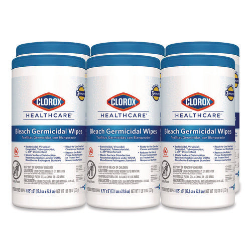 Image of Clorox Healthcare® Bleach Germicidal Wipes, 1-Ply, 6.75 x 9, Unscented, White, 70/Canister, 6 Canisters/Carton