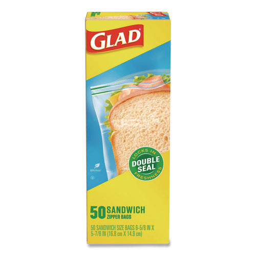 Image of Glad® Zipper Food Storage Plastic Sandwich Bags, 6.63 x 5.88, Clear, 50 Bags/Box, 12 Boxes/Carton