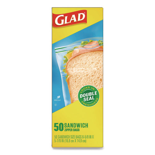 Image of Glad® Zipper Food Storage Plastic Sandwich Bags, 6.63 x 5.88, Clear, 50 Bags/Box, 12 Boxes/Carton