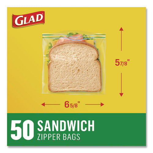 Image of Glad® Zipper Food Storage Plastic Sandwich Bags, 6.63 x 5.88, Clear, 50 Bags/Box, 12 Boxes/Carton