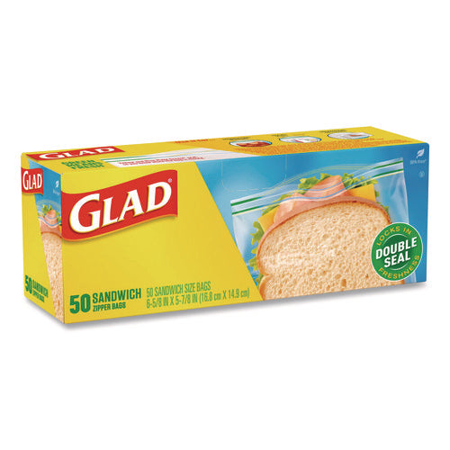 Image of Glad® Zipper Food Storage Plastic Sandwich Bags, 6.63 x 5.88, Clear, 50 Bags/Box, 12 Boxes/Carton