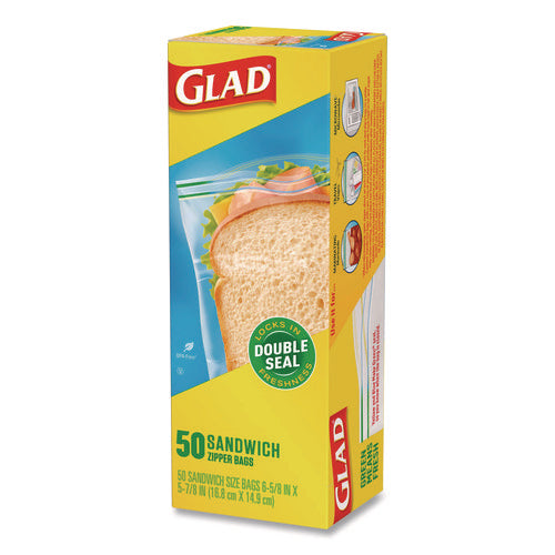 Image of Glad® Zipper Food Storage Plastic Sandwich Bags, 6.63 x 5.88, Clear, 50 Bags/Box, 12 Boxes/Carton
