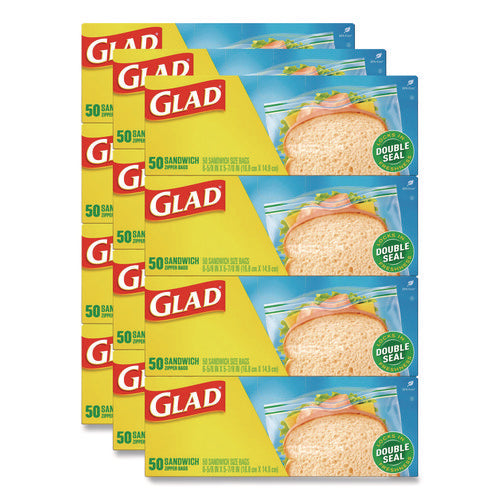 Image of Glad® Zipper Food Storage Plastic Sandwich Bags, 6.63 x 5.88, Clear, 50 Bags/Box, 12 Boxes/Carton