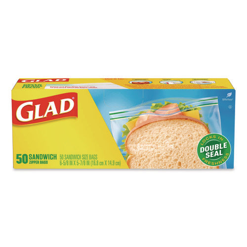 Image of Glad® Zipper Food Storage Plastic Sandwich Bags, 6.63 x 5.88, Clear, 50 Bags/Box