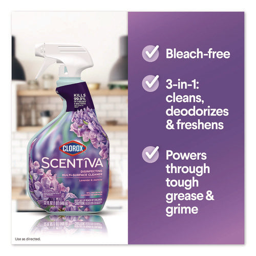 Image of Clorox® Scentiva Disinfecting Multi-Surface Cleaner, Bleach Free, Lavender and Jasmine, 32 oz Spray Bottle, 9/Carton
