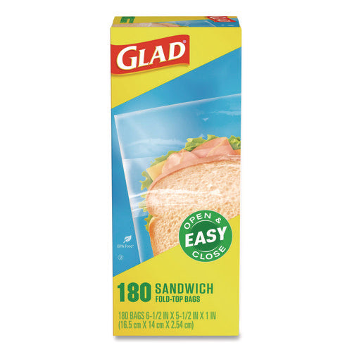 Image of Glad® Fold Top Food Storage Plastic Sandwich Bags, 6.5 x 5.5, Clear, 180 Bags/Box, 12 Boxes/Carton