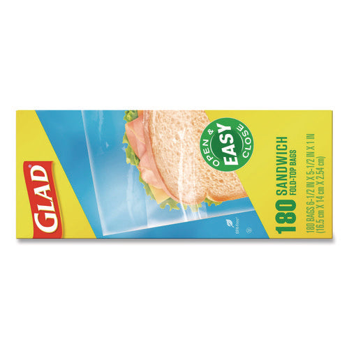 Image of Glad® Fold Top Food Storage Plastic Sandwich Bags, 6.5 x 5.5, Clear, 180 Bags/Box, 12 Boxes/Carton