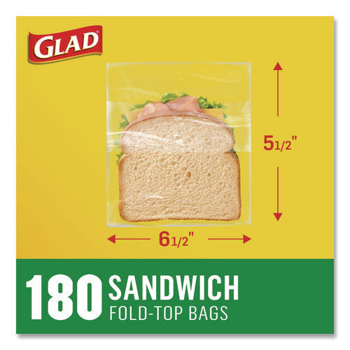Image of Glad® Fold Top Food Storage Plastic Sandwich Bags, 6.5 x 5.5, Clear, 180 Bags/Box, 12 Boxes/Carton