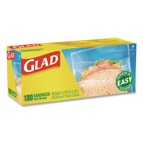 Image of Glad® Fold Top Food Storage Plastic Sandwich Bags, 6.5 x 5.5, Clear, 180 Bags/Box, 12 Boxes/Carton