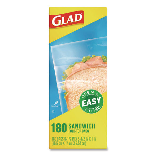 Image of Glad® Fold Top Food Storage Plastic Sandwich Bags, 6.5 x 5.5, Clear, 180 Bags/Box, 12 Boxes/Carton
