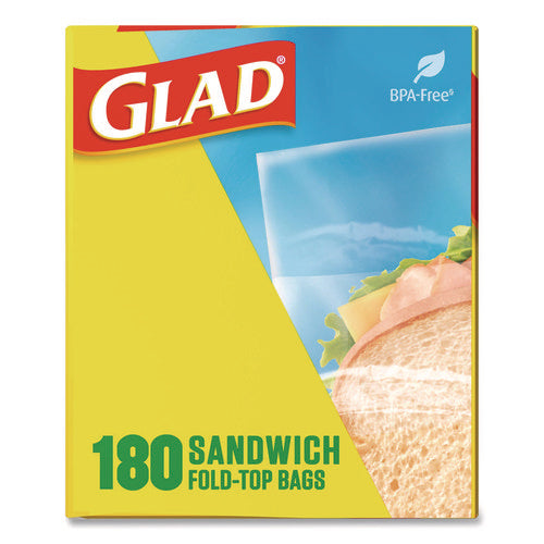 Image of Glad® Fold Top Food Storage Plastic Sandwich Bags, 6.5 x 5.5, Clear, 180 Bags/Box, 12 Boxes/Carton