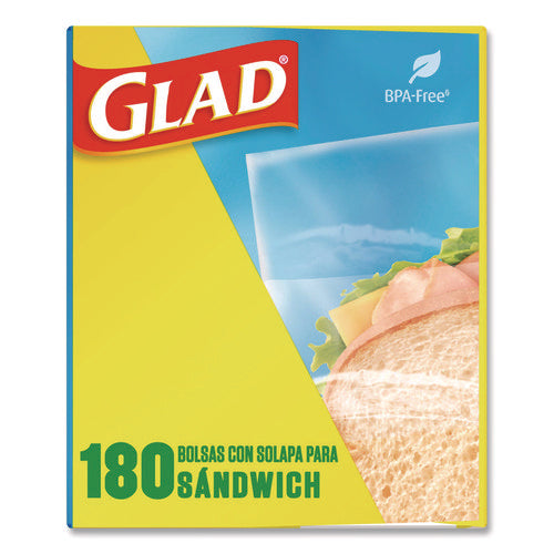 Image of Glad® Fold Top Food Storage Plastic Sandwich Bags, 6.5 x 5.5, Clear, 180 Bags/Box, 12 Boxes/Carton