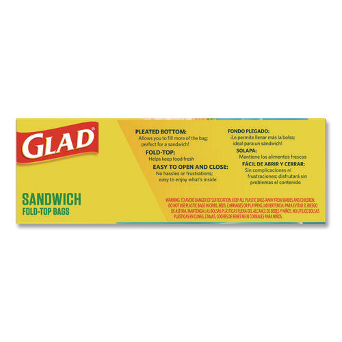 Image of Glad® Fold Top Food Storage Plastic Sandwich Bags, 6.5 x 5.5, Clear, 180 Bags/Box, 12 Boxes/Carton