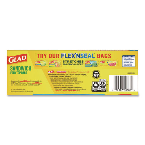 Image of Glad® Fold Top Food Storage Plastic Sandwich Bags, 6.5 x 5.5, Clear, 180 Bags/Box, 12 Boxes/Carton