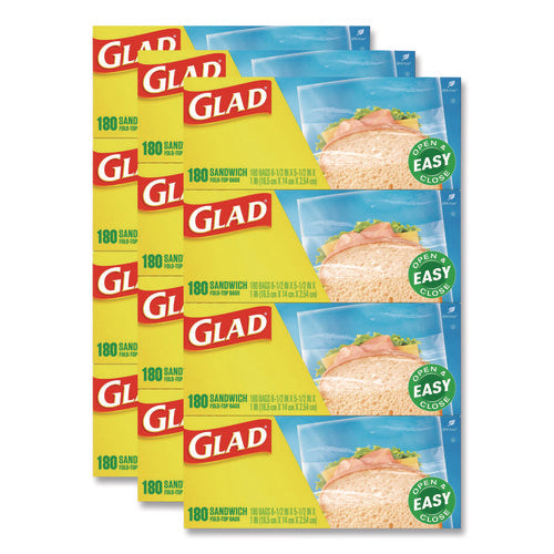Image of Glad® Fold Top Food Storage Plastic Sandwich Bags, 6.5 x 5.5, Clear, 180 Bags/Box, 12 Boxes/Carton