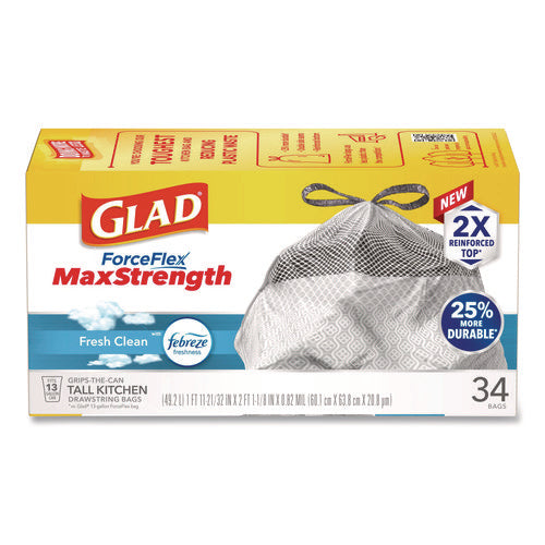 Image of Glad® ForceFlex MaxStrength Tall Kitchen Drawstring Trash Bags, 13 gal, Fresh Clean Scent, 24 x 28, White, 34/Box, 6 Boxes/Carton