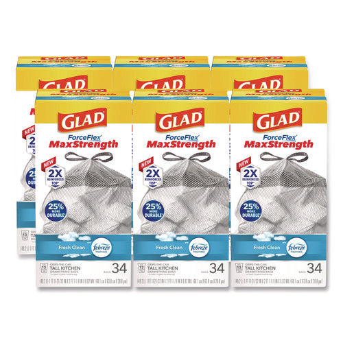 Image of Glad® ForceFlex MaxStrength Tall Kitchen Drawstring Trash Bags, 13 gal, Fresh Clean Scent, 24 x 28, White, 34/Box, 6 Boxes/Carton